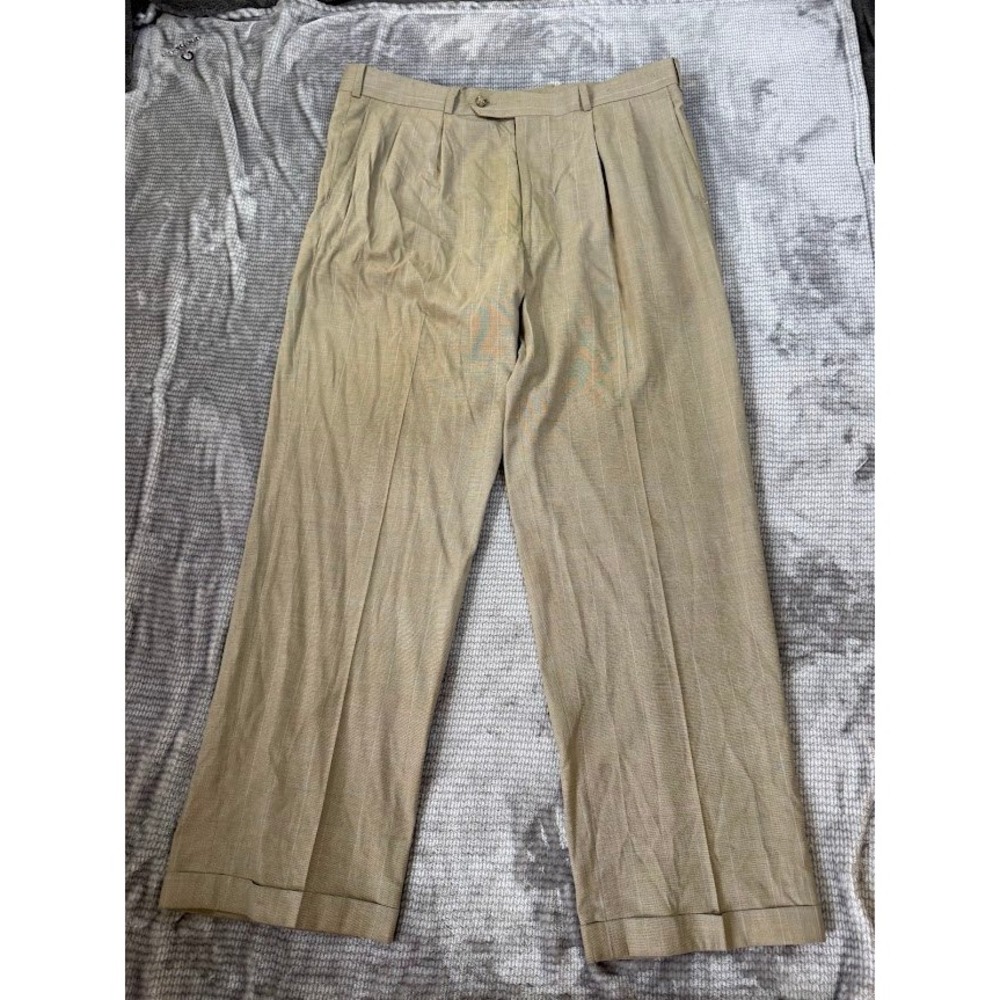 Cordovan & Grey Mens Pleated Pinstripe Beige Pants Cuffed Hem Trousers 38X30
